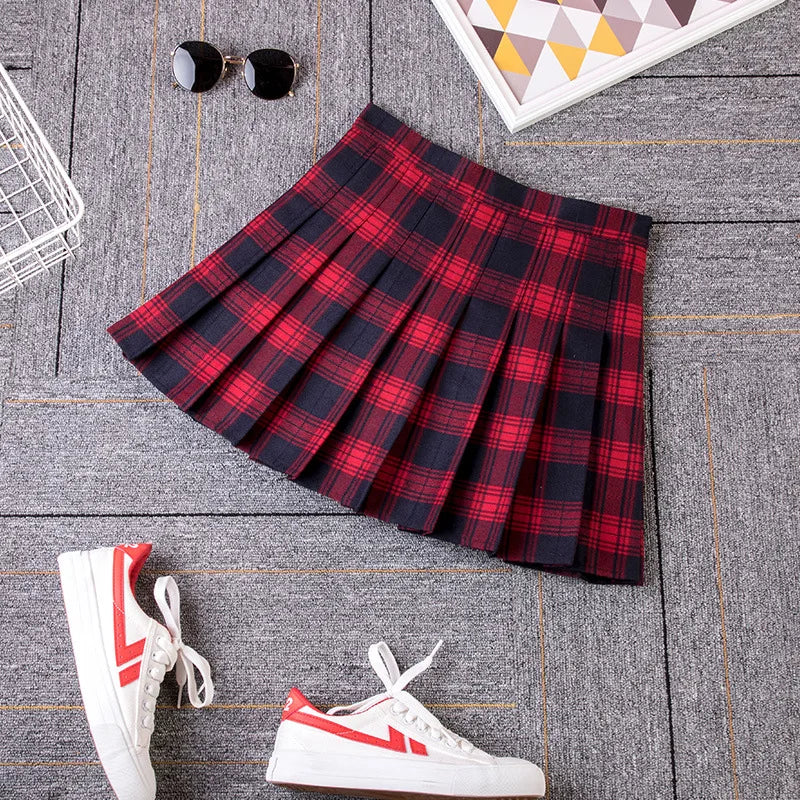 2023 Women A- line Skirt Red Plaid Skirt korean harajuku plaid skirt Spring and Autumn New Pleated High Waist Skirt.