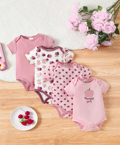 4PCS Neugeborenen Strampler Kurzarm Rundhals Cartoon Tier Blumen Drucken Body Onesies Für Baby Jungen Und Mädchen Kleidung