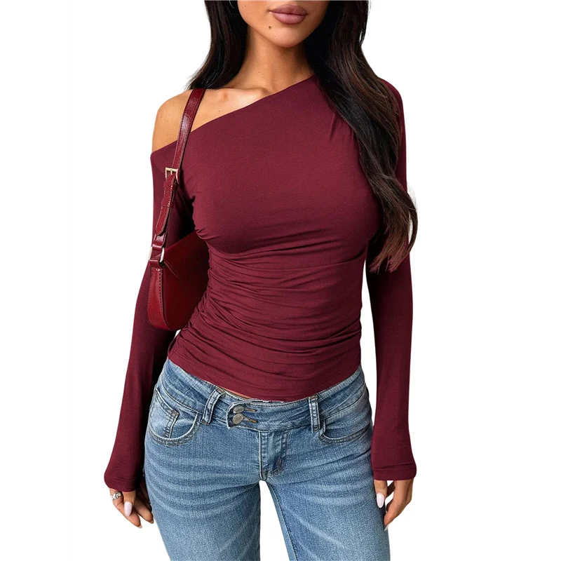 Women's Off Shoulder Tops Dressy Long Sleeve Asymmetrical Slim Fit Going Out Fall Blouse Ruched Shirts.
