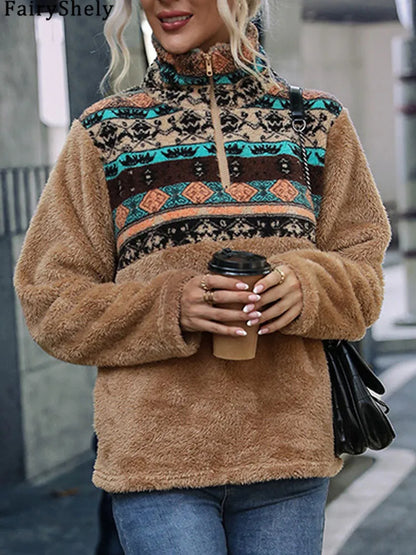 Fairyshely 2025 Winter Print Women Hoodies Casual Long Sleeve Hood Sweatshirt Loose Autumn Lady Stand Collar Plush Hoodie Tops.