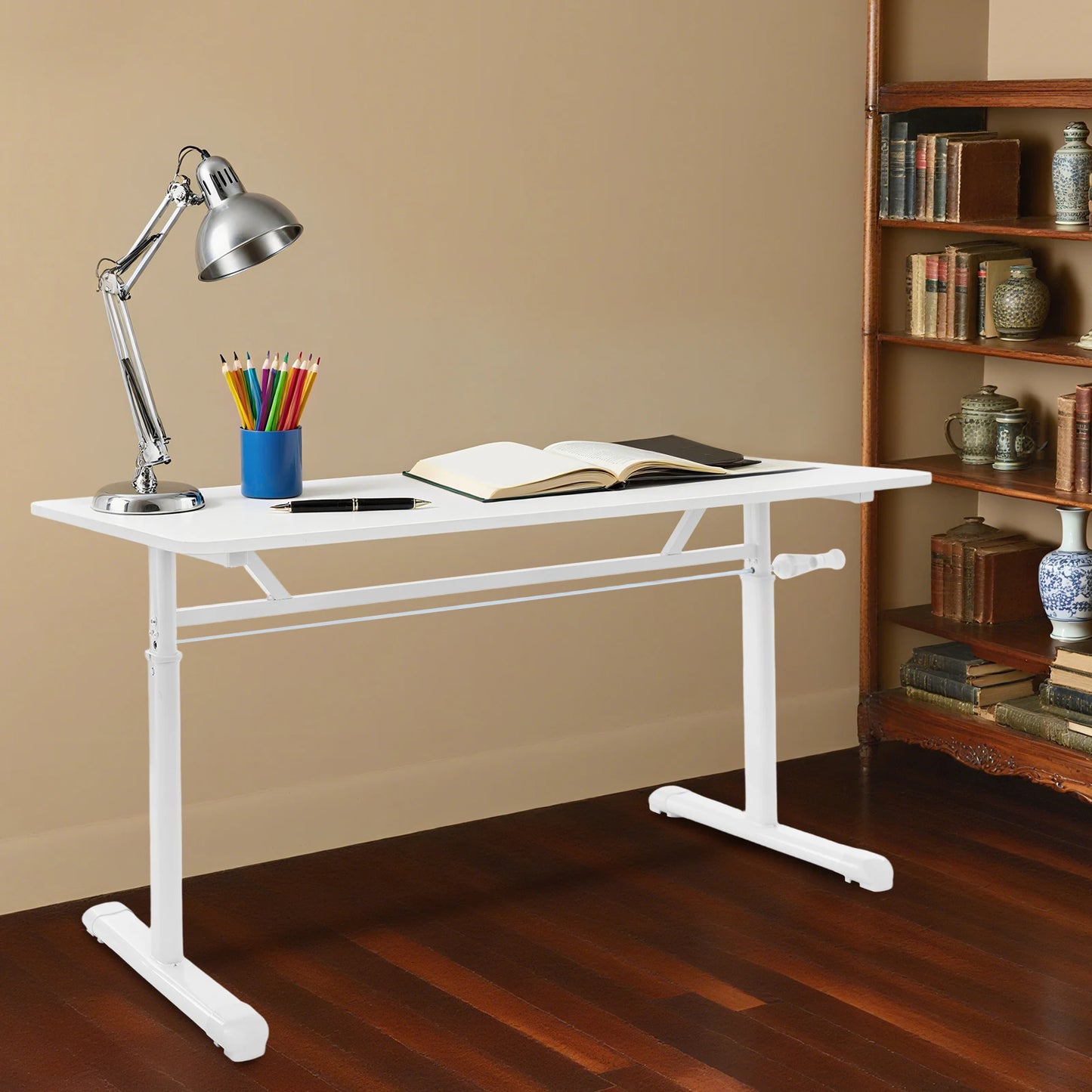 Höhenverstellbarer Schreibtisch, Heimbüro, Schreibtisch, manuell höhenverstellbarer Stehschreibtisch, weiß, 65–90 cm, höhenverstellbar