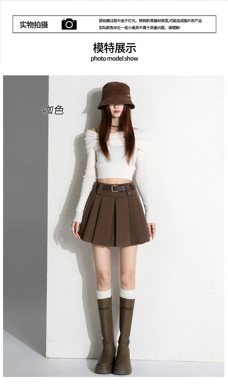 Preppy Style Coffee Woolen Skirt for Women Autumn Winter 2025 Chic High-waisted Mini Skirt Female Korean Thick Outwear Faldas.