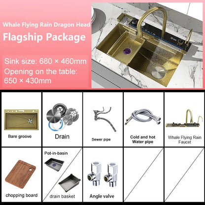 Stainless Steel Waterfall Kitchen Sink New Embossed Extra Large Single Slot Modern Digital Display Dishwashing Basin