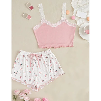 Frauen Pyjama Set Spitze Patchwork V-ausschnitt Nachtwäsche Sexy Nachthemden Anzug Leibchen Top Gedruckt Shorts Weiche Pyjamas Loungewear.