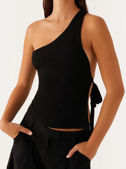 Women Off One Shoulder Tank Tops for Women Solid Stylish Side Tie Design Summer T-Shirt.