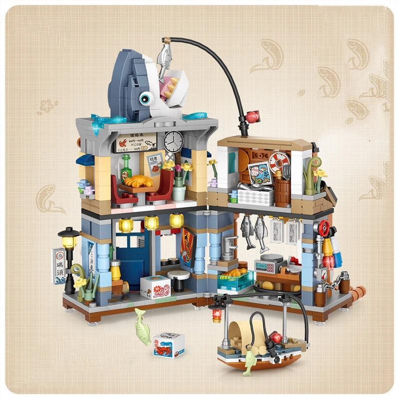 Street View Series Building blocks Izakaya Shaved Ice Shop Takoyaki Shop Coffee shop Panda Tea House model children's gift.