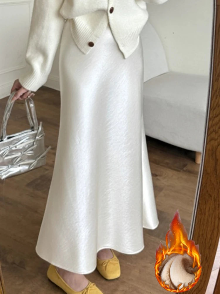 High Waist Women's Fleece-Lined Thickened Elegant Long Skirt Satin Mermaid Skirt Elegant Drapey Bodycon Skirt For Autumn Winter.