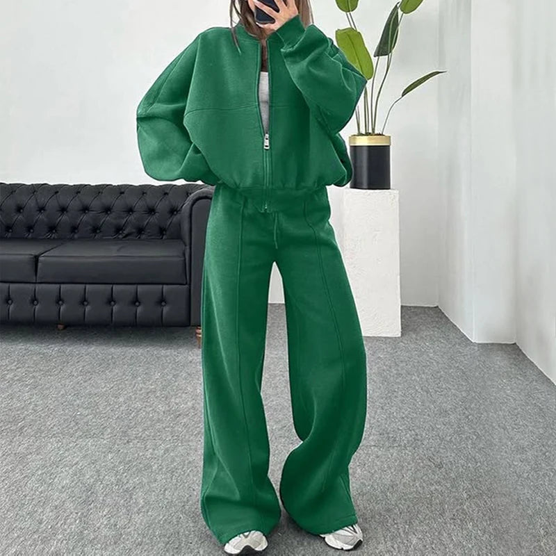 BKLD 2025 Casual Women's Tracksuit Sets Zip-up Loose Cropped Cardigan+Drawstring Sweatpants Solid Fashion Running Street Outfits