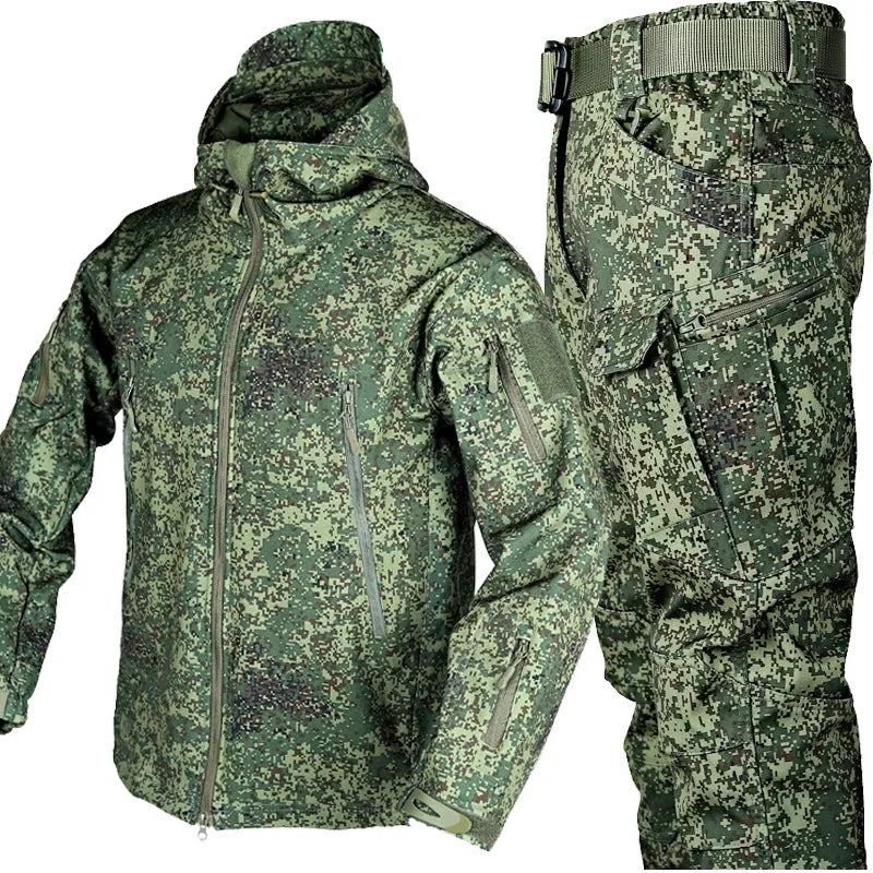 Winter Verdicken Männer Camo Anzug Wasserdichte Taktische Ausbildung Set Multi-tasche Mit Kapuze Jacke Fleece Hosen Outdoor Jagd 2-stück