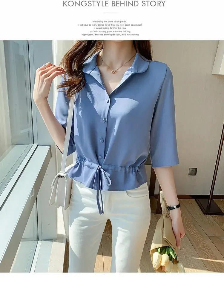 Summer Women All-match Solid Turn-down Collar Half Sleeve Chiffon Shirt Fashion Casual Shirring Single-breasted Blouses Female.