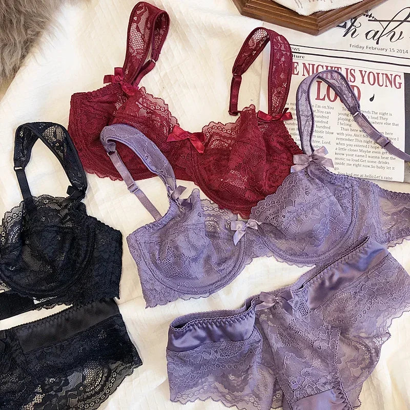 MOYISU French Romantic Ultra-thin Lace Sexy Transparent Gathering Big Breasts Show Small Underwire Bra Cover Underwear Set Women.