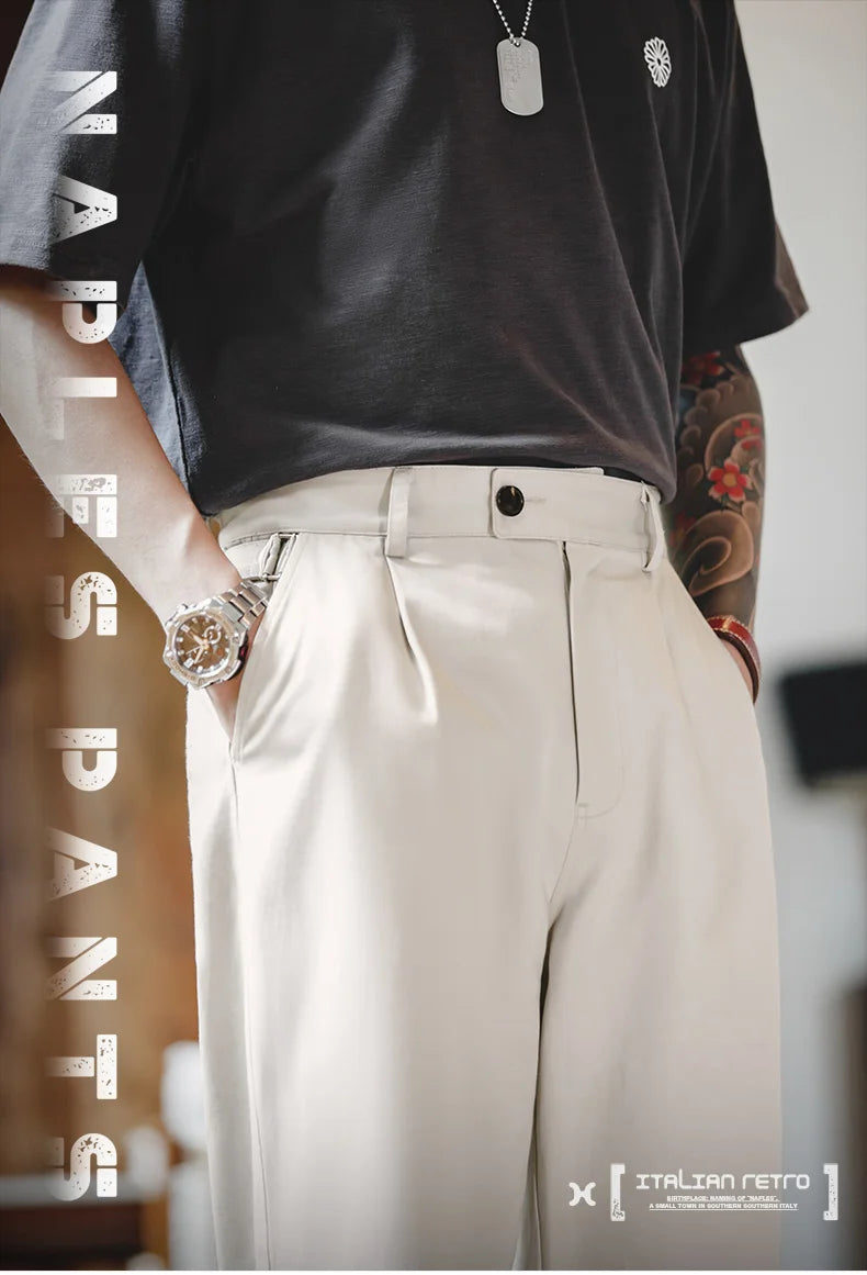 Maden Vintage Gentleman Naples Pants Korea Fashion Casual  Paris Button Straight Wide Trousers 100% Cotton Solid Work Suit Pants.