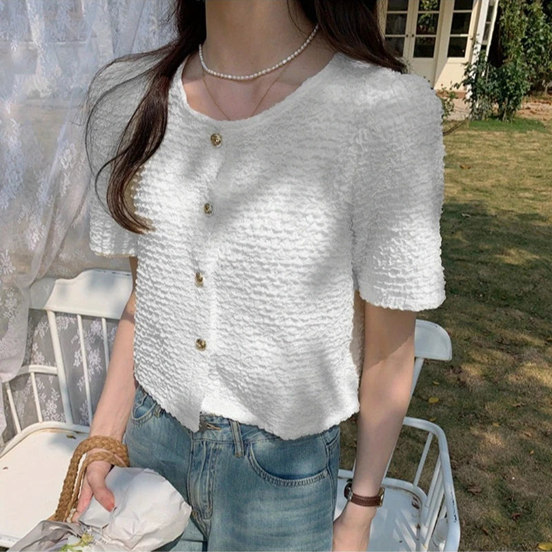 New Summer Short Sleeve O-Neck Women Shirt Sweet White Shirt Blouse Women Tops 2025 Blouses Shirts Blusas Para Mujer Blusa XL183