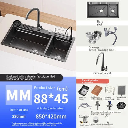 Waterfall Kitchen Sink Stainless Steel Multifunctional Undermount Washbasin Double Slot Dishwashing Sinks