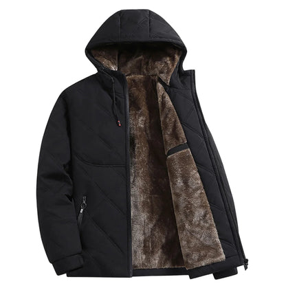 Winter Windproof Thermal Diamond-Pattern Fleece-Lined Thickened Cotton Coat Business Casual Hooded Jacket Fashionable Menswear