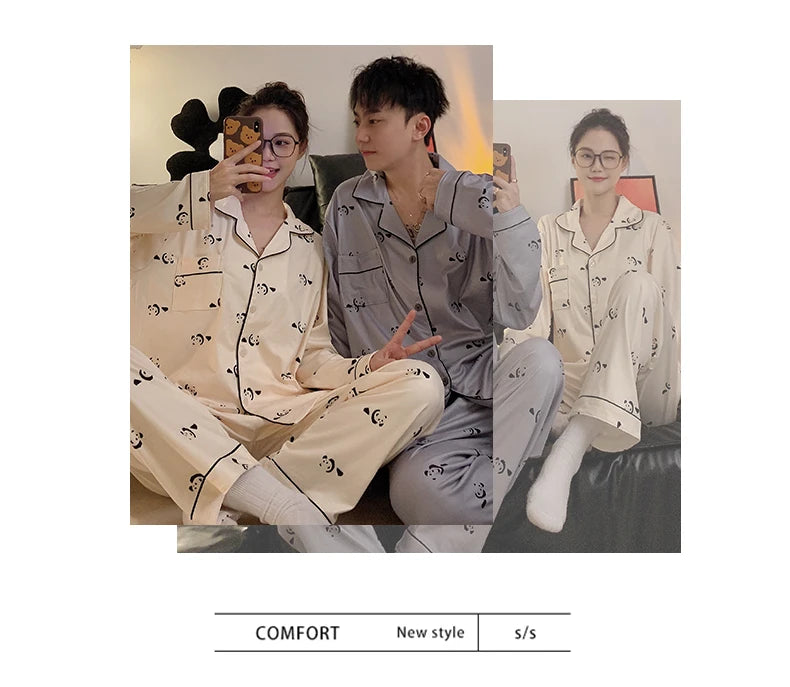 Pajamas Women Pajama Man Set Cotton Plus Size Spring Autumn Long-sleeved Korean Cardigan Casual V-neck Nightwear Couple Pyjamas.