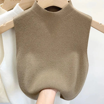 Frühling Herbst Temperament Gestrickte Pullover Weste frauen Hälfte-rollkragen Leibchen Cropped Top Ärmelloses Tank Top