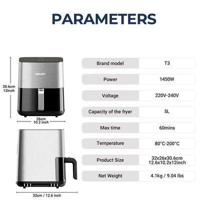 5L Air Fryer, Electric Hot fryer Oven Oilless Cooker with Touch Control & Nonstick Basket & Visible Window, Family Size.