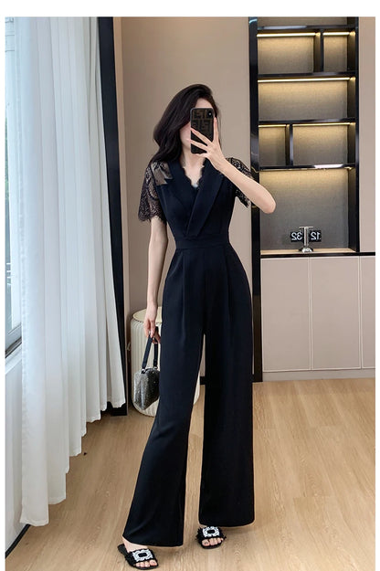 LYX High-Cold Lady Style Romper Women Summer Short Sleeve High Waist Lace Splicing Hollow out One-Piece Straight Leg Pants
