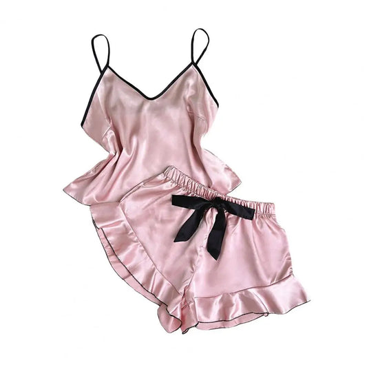 Damen-Pyjama-Set mit Trägern, elegantes Satin-Damen-Pyjama-Set mit Spaghettiträger-Oberteil, rückenfrei, V-Ausschnitt, Rüschen, plissiert für Komfort