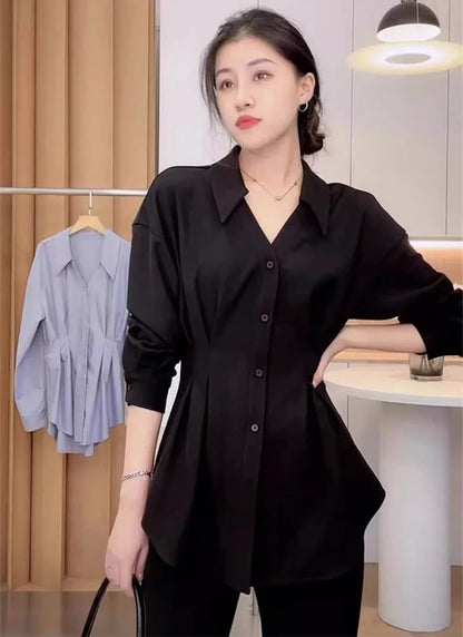 Waist Cinched Slimming Long Sleeve Shirts Women Spring Autumn All-Match Single Breasted Chic Shirt New Temperament Solid Tops.