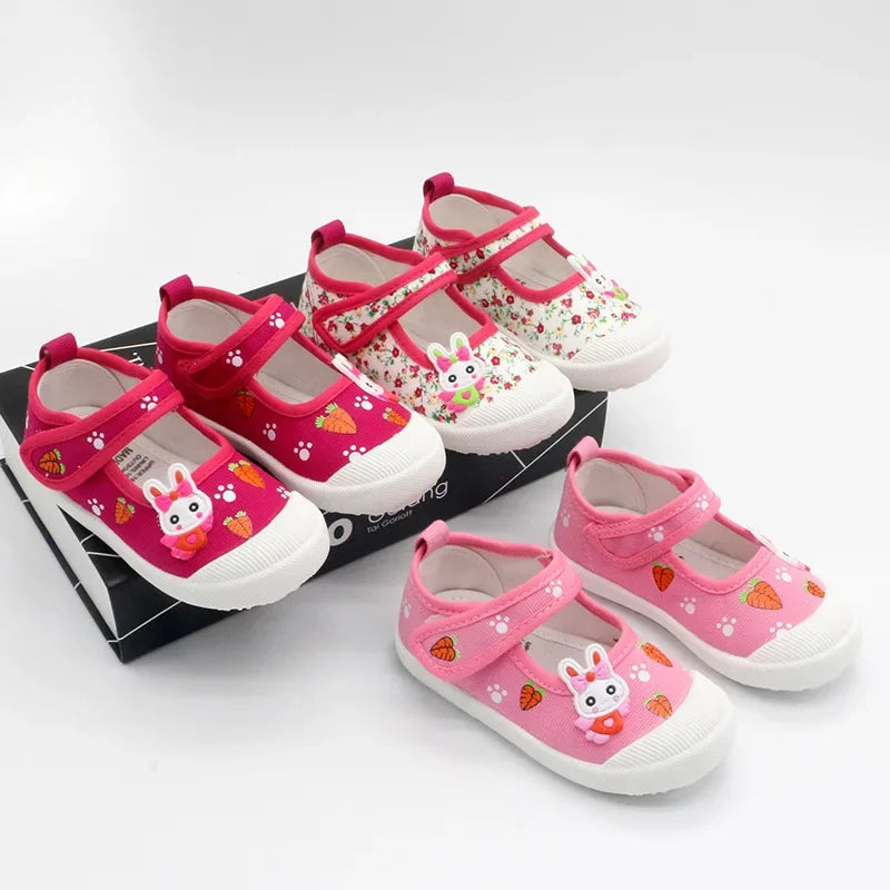 JGSHOWKITO Girls Canvas Shoes Soft Sports Shoes Kids Running Sneakers Candy  With Cartoon Rabbit Carrots Prints Children.