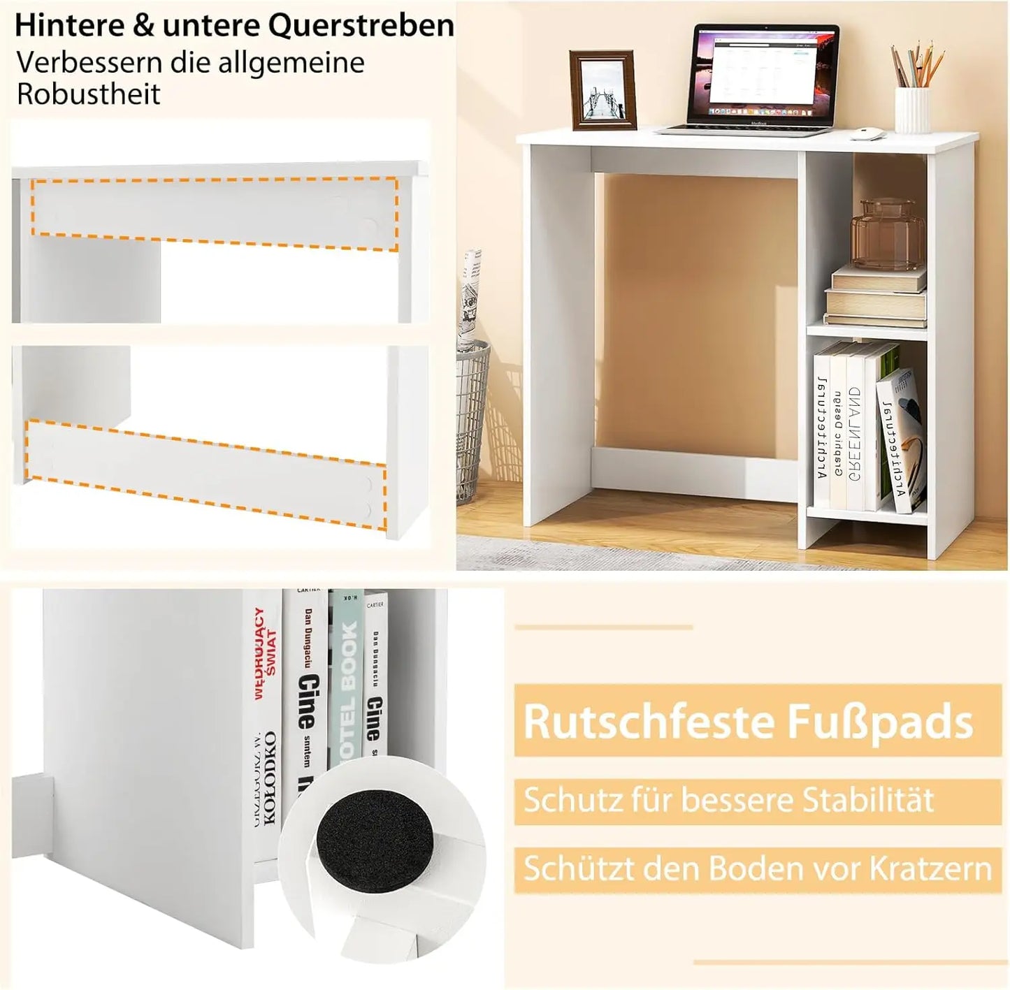 Kleiner Schreibtisch, Computer tisch mit 2 Fächern, PC-Tisch, Büro tisch für kleine Räume, weiß, 80x40x74 cm