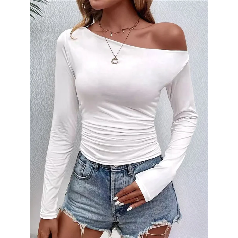 NEW-Women's Casual Long Sleeve Boat Neck Off Shoulder Slim Fit Crop Top Going Out Blouses Y2K Tight Shirts.