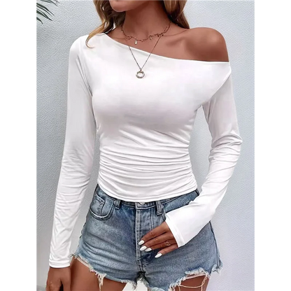 NEW-Women's Casual Long Sleeve Boat Neck Off Shoulder Slim Fit Crop Top Going Out Blouses Y2K Tight Shirts.