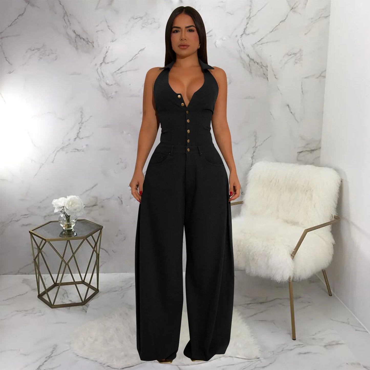 Fashionable Backless Casual Romper with Pockets for Women Summer Breathable Lightweight Solid Color One-Piece Suit.