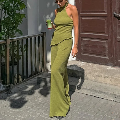 Tuularose Hanging Green Pants Set Sleeveless Backless Personality Temperament Commuter Two-piece Set Summer New Women Pants Set.