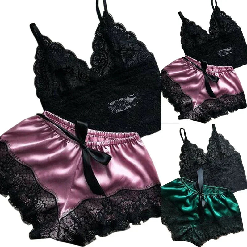 Damen sexy Spitze Nachtwäsche Spitze Nachthemd Dessous ärmellose V-Ausschnitt Babydoll Pyjamas Set Dessous Tops Shorts Set Nachtwäsche.