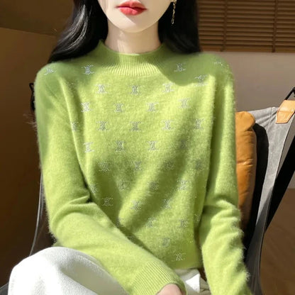 Temperament Fashion Autumn Winter New Sweaters Women Turtleneck Diamonds Long Sleeve Loose Pullovers Bottoming Shirt Knitted Top