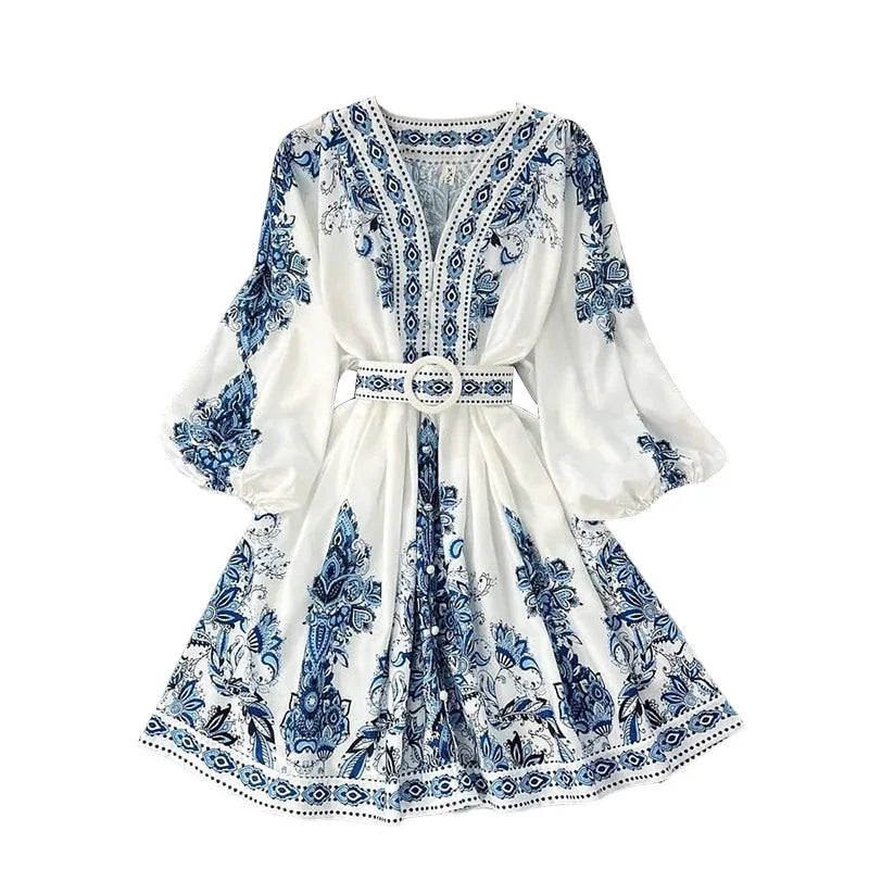 Frauen kleider Laternen ärmel Druck V-Ausschnitt Kleid Schärpen knielang gespleißt lose mittlere Taille Pullover leichte Stretch lässig.
