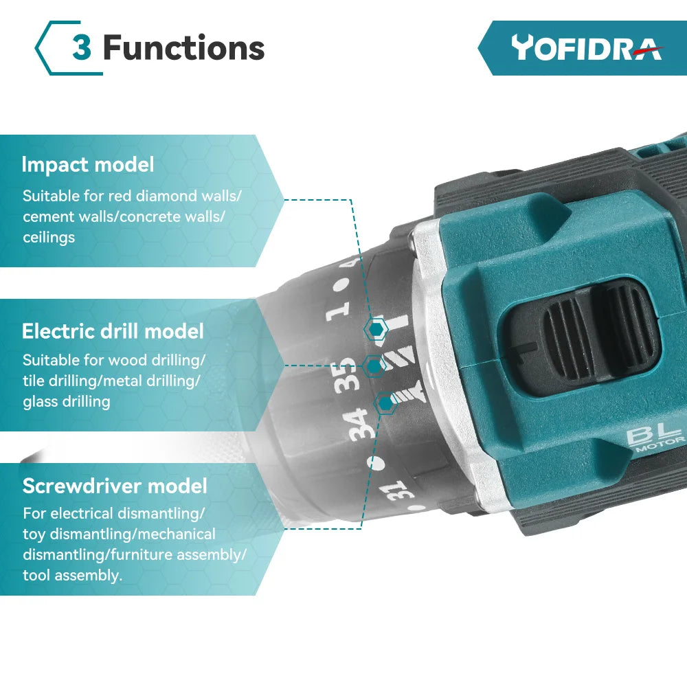 YOFIDRA 13 MM Bürstenlosen Elektrischen Schlagbohrmaschine 35 + 3 Drehmoment Cordless Holzbearbeitung Schraubendreher Power Tool Für Makita Batterie pin