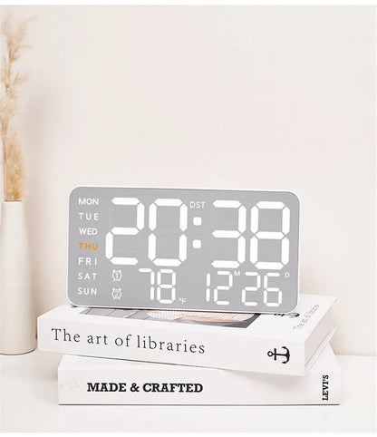 Wanduhr mit Spiegel-Bürsten-Finish, Premium-Gefühl, geräuschlos, Wanduhr, Tischwecker, Temperaturanzeige, Schlafzimmer, Büro, Wohnzimmer, Dekoration