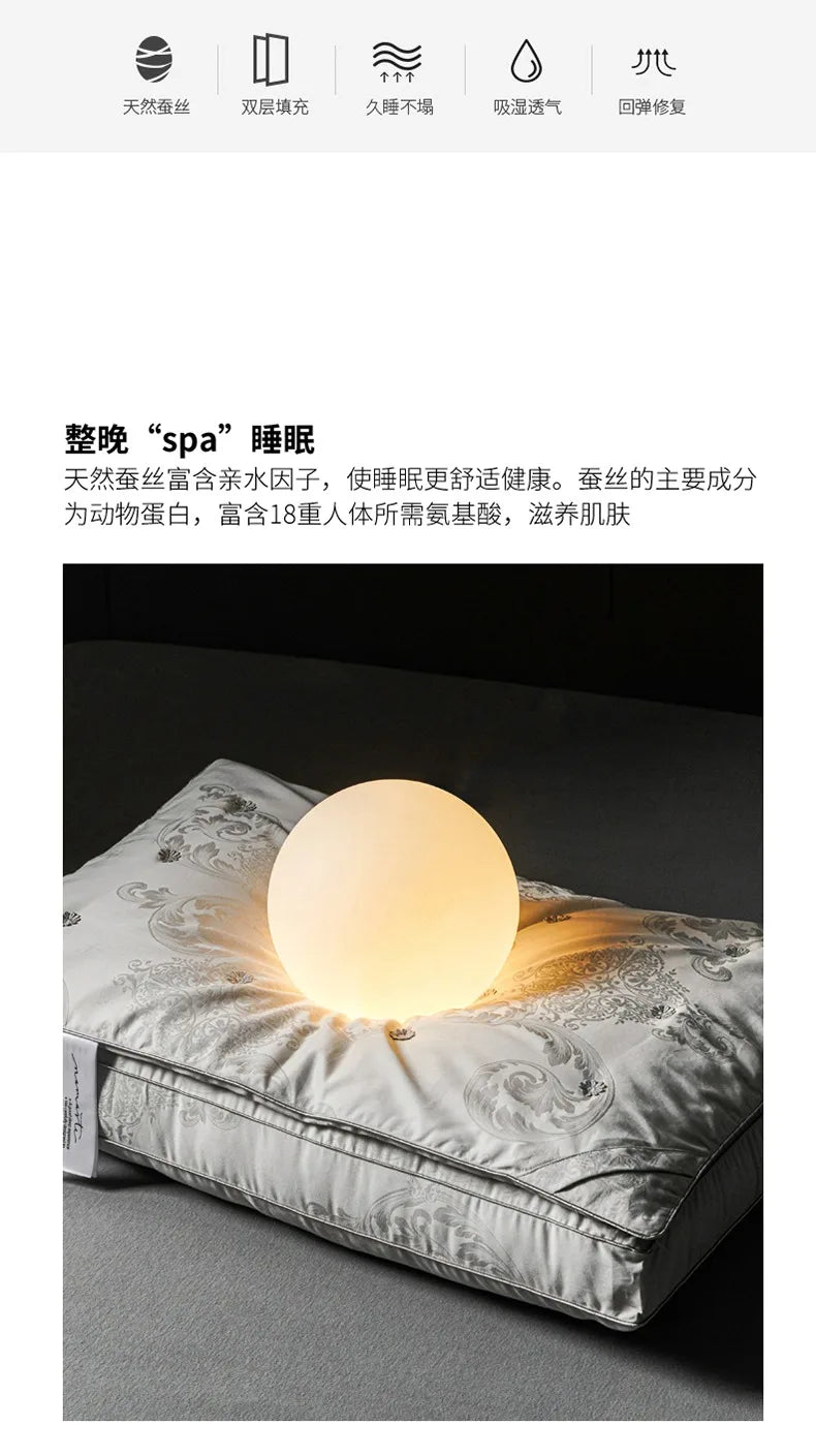 Pure Cotton Satin Jacquard Silk Pillows 48*74cm Mulberry silk Filling Anti Mite Soft Fluffy Hotel Sleeping Bedding Pillows.