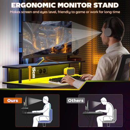 Gaming-Schreibtisch mit LED-Beleuchtung und Monitorständer, 100 x 60 cm Computer-Gaming-Tisch, PC-Tisch mit USB, TYP C und Fernbedienung