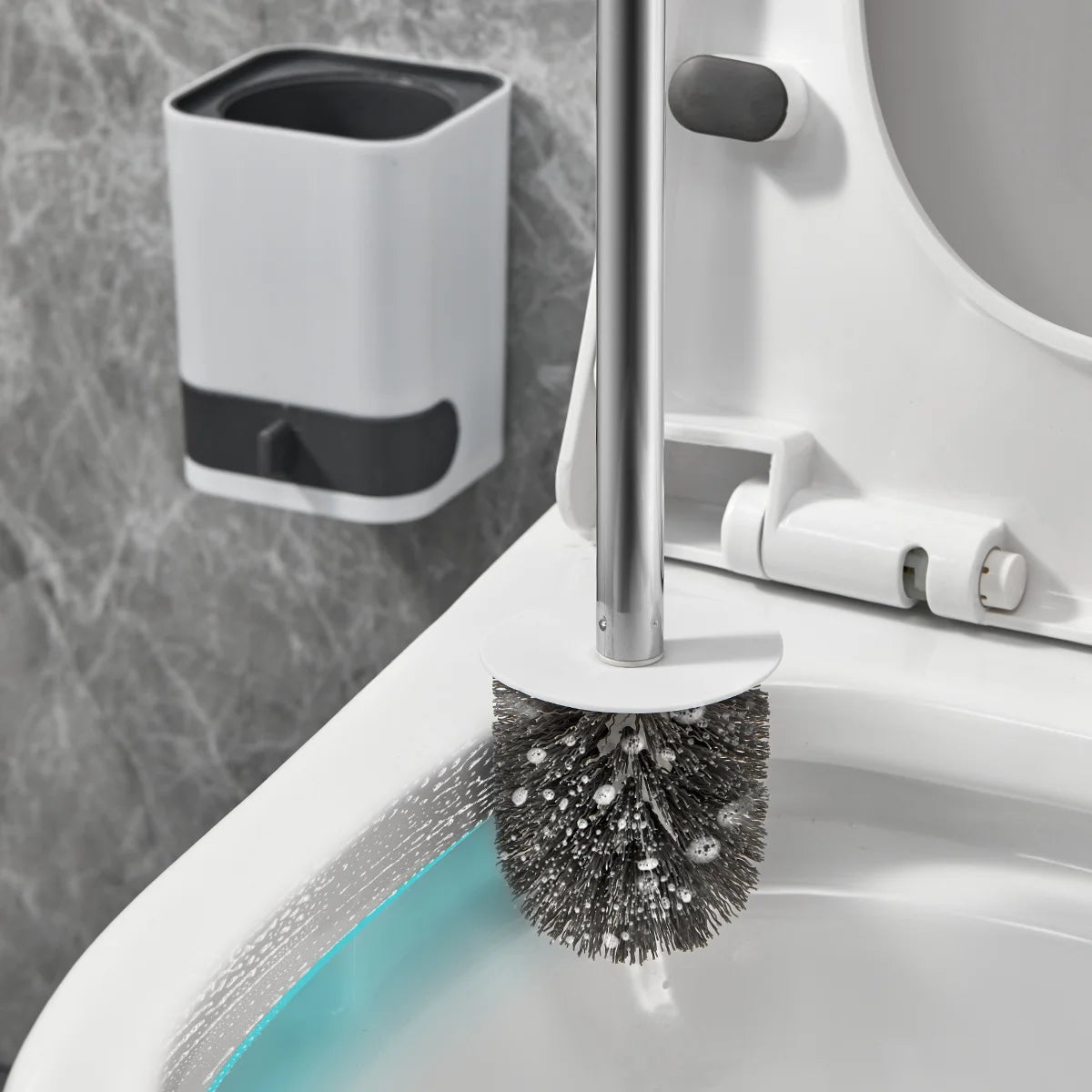 WORTHBUY Wandmontierte Toilettenbürste aus Kunststoff mit langem Griff und Halter, stanzfreie WC-Toilettenreinigungsbürste, Badezimmerzubehör