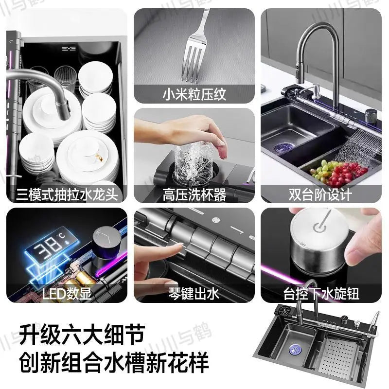 Waterfall kitchen sink nano thickened digital display honeycomb household single slot