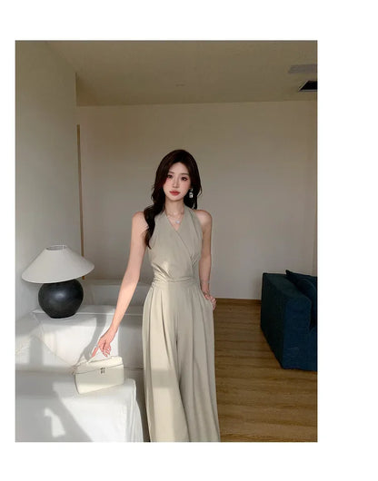 French Vintage Polyester Halter One-Piece Pants Women's Summer Business Commute High Waist Slimming Versatile Suit Long Pants.