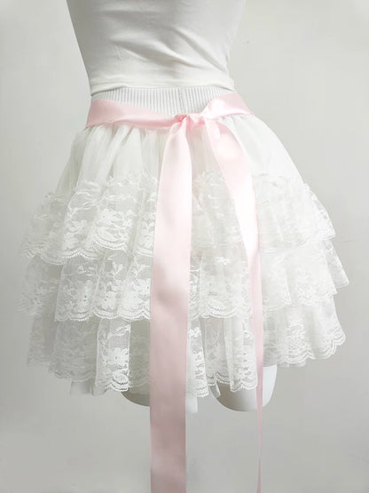 Multilayered Lace Skirts for Sweet Girls Summer Ribbons Bows Decoration Elastic Waist Lolita Style White Skirt Kawaii Clothes.