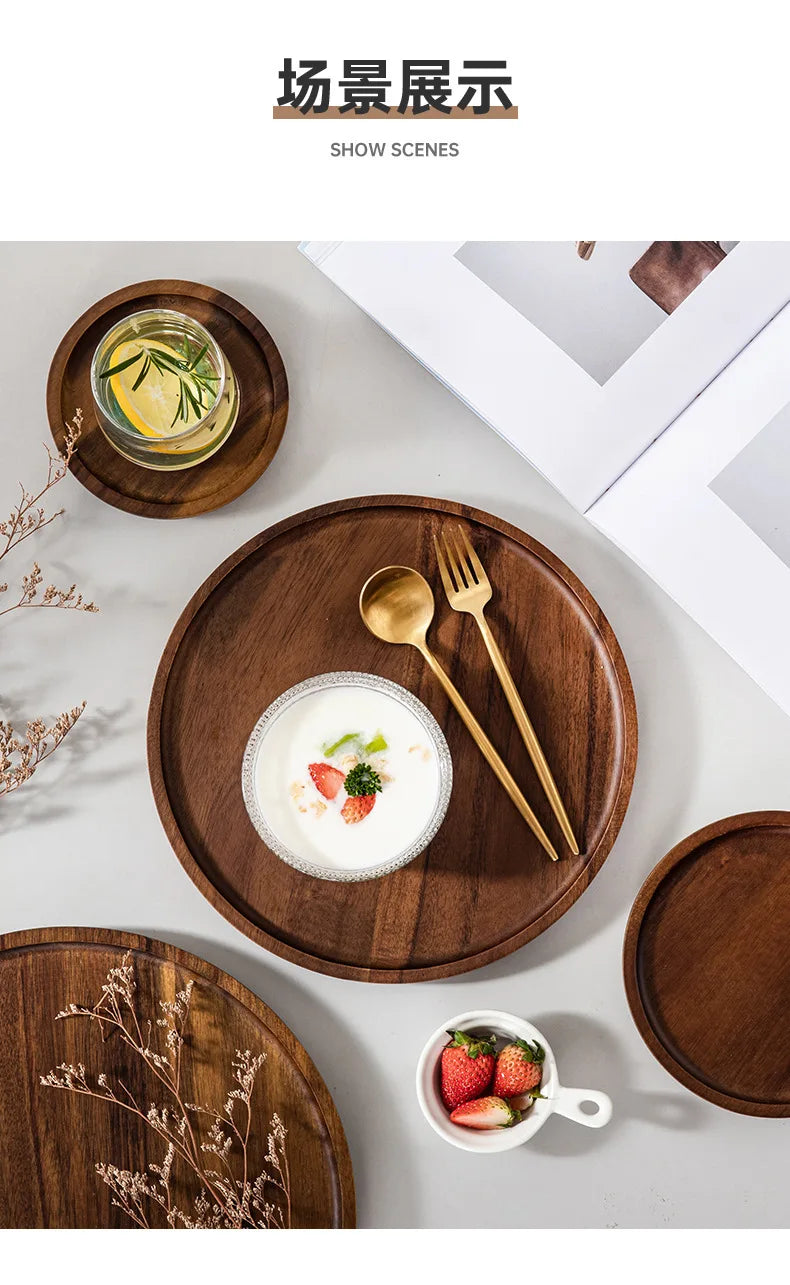 Solid Wood Circular Tray Japanese Style Western Household Tea Dessert Coffee Plate Cross-Border Design.