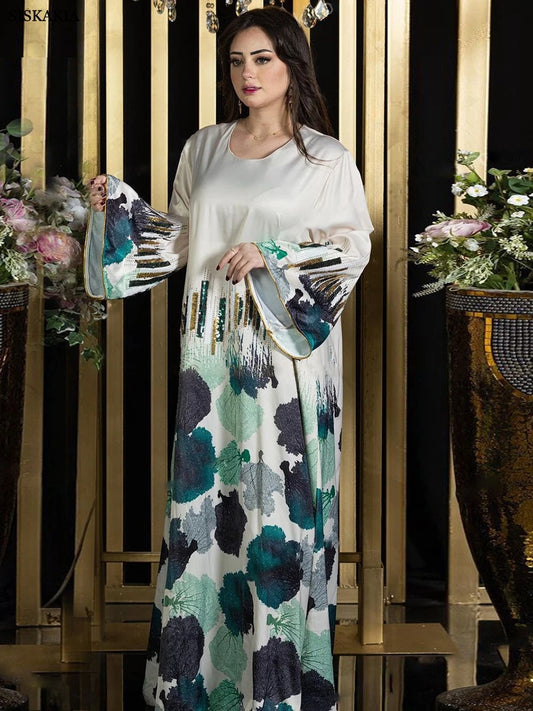 Siskakia Arab Saudi Printing Sequins Long Dresses Galabia Muslim Eid Women Abayas Islam Clothing Turkish African Kebaya 2024 New.
