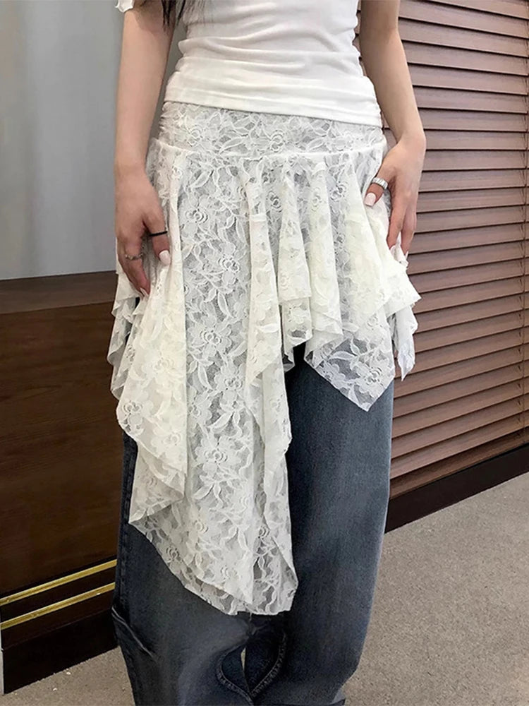 Asymmetrical Lace Skirt Pants Women High Waist Layered Skirt Y2k Japanese Vintage Jacquard Short Skirt 2025 Spring Clothing.