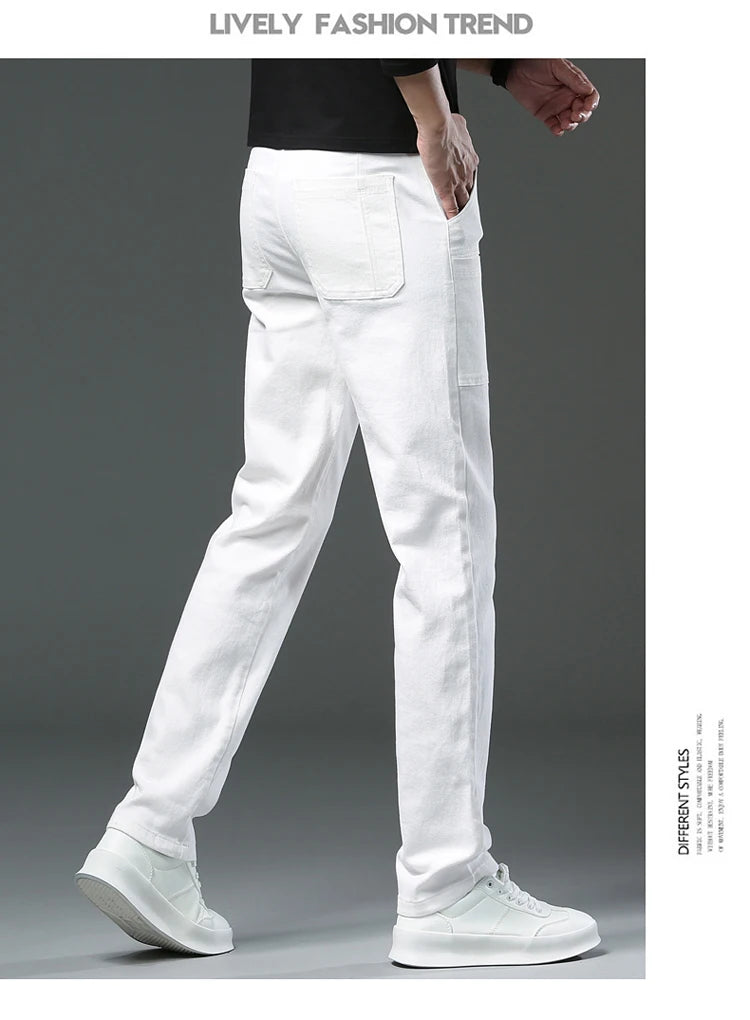 Spring and Autumn Men's Multi-Pocket Design Jeans Fashionable and Versatile White Khaki Red Comfortable Stretch Denim Pants