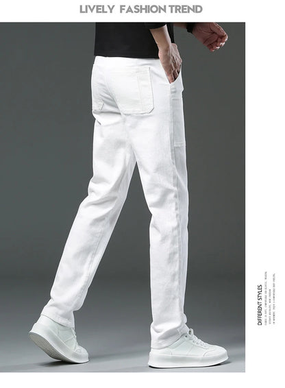 Spring and Autumn Men's Multi-Pocket Design Jeans Fashionable and Versatile White Khaki Red Comfortable Stretch Denim Pants