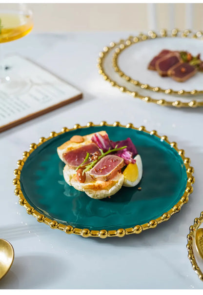 Nordic Ins Style Golden Edge Bead Plate Western Food Steak Plate Home Network Red Dish Creative Tableware Plate Breakfast Salad.
