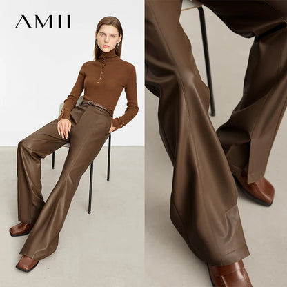 AMII Minimalist Casual Pants for Women 2025 Autumn Clothing PU Leather Loose Straight Pants Slit Office Lady Trousers 12343250.