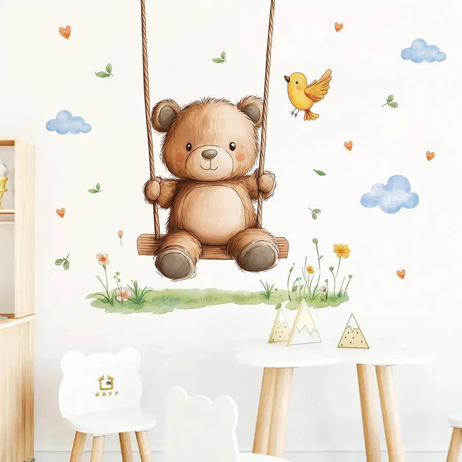 Cute Bear Moon Star Wall Stickers for Kids Rooms Girls Boys Baby Room Decoration Kawaii Cartoon Animal Nursery Wallpaper Vinyl